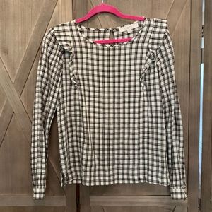 LOFT XS Plaid Long Sleeve Blouse Off White Black Tan